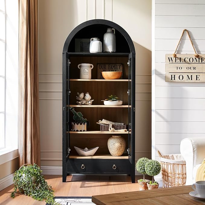 RowyPoey 71" Tall Arched Cabinet Bookshelf with Glass Door & Storage Drawer | Modern Farmhouse Display Cabinet,Adjustable Shelves,Wood Kitchen Pantry for Dining Room,Living Room,Office,Black