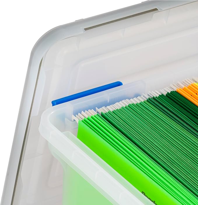 IRIS USA WeatherPro File Box Organizer, Letter/Legal, 32 Qt. 3-Pack, Clear | Store letter and legal documents safely with weather-resistant protection and space-saving stackable storage