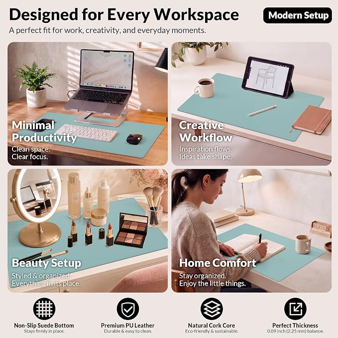 AFIING Leather Desk pad Protector, Light Blue, 35.4" x 17" | Dual-Sided Cork & PU Leather, Non-Slip, Waterproof, Large Mouse Pad for Office, Home & Gaming