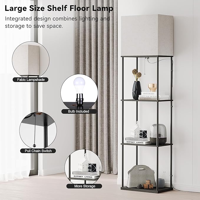 SUNMORY Large Size Floor Lamp with Shelves, Standing Lamps for Living Room | 3 CCT LED Bulb Include, 4-Tier Display Bookshelf, 63" Tall Corner Shelf Lamp, Modern Style for Bedroom, Office, Home Decor