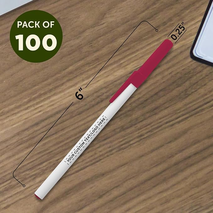 DISCOUNT PROMOS Custom Value Stick Pens Set of 100, Personalized Bulk Pack - Blue Ink, Great for Office, School, Business, Tradeshows, Events - Burgundy Cap