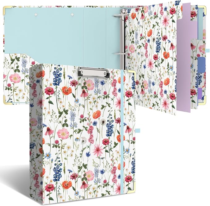 3 Ring Binder 2 Inch Round Ring Binder with 6 Tab Dividers，Cute Clipboard with Storage(Wild Flowers)