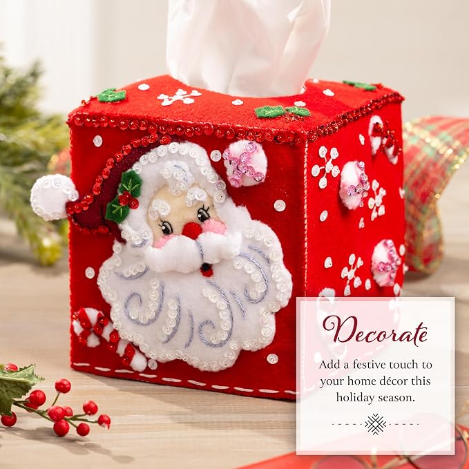 Bucilla Felt Applique Tissue Box Cover Kit, Jolly St. Nick, Perfect for Holiday DIY Arts and Crafts, 89678E