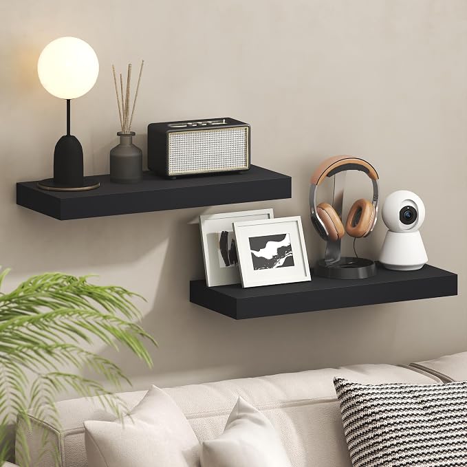 Furinno Tanna Floating Shelves for Wall Set of 2, 9 x 24 Wall Shelf, Wall Mounted Floating Shelf with Invisible Bracket, 2-Inch Thick, for Bathroom, Living Room, Bedroom, Home Office, Americano