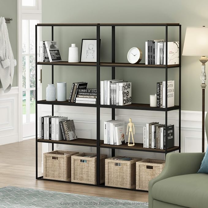 Furinno Moretti 2-Tier Metal Frame Storage Shelves, Columbia Walnut | Easy Assembly, Stackable, Rectangular, Book Shelf, Display Shelf, for Organization, Living Room, Garage, Home Office
