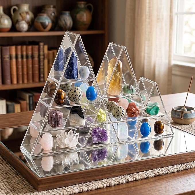 Cinnvoice Rock Display Case 30 Grids,Transparent Border,Mountain Style | Adjustable Acrylic Display Case, Crystal Organizer for Collectible, with Built-in Mirrored, Magnetic Door, Wall Mount
