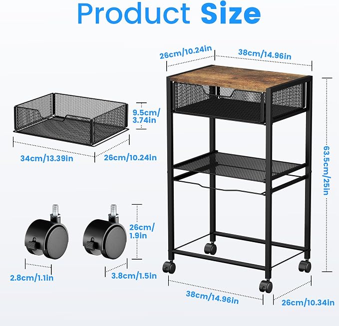 Cawukege 3 Tier Printer Stand, Small Mobile Table with Wheels, Printer Shelf Rolling Cart with Storage Desk Organizer Hanging File for Office Home, Brown