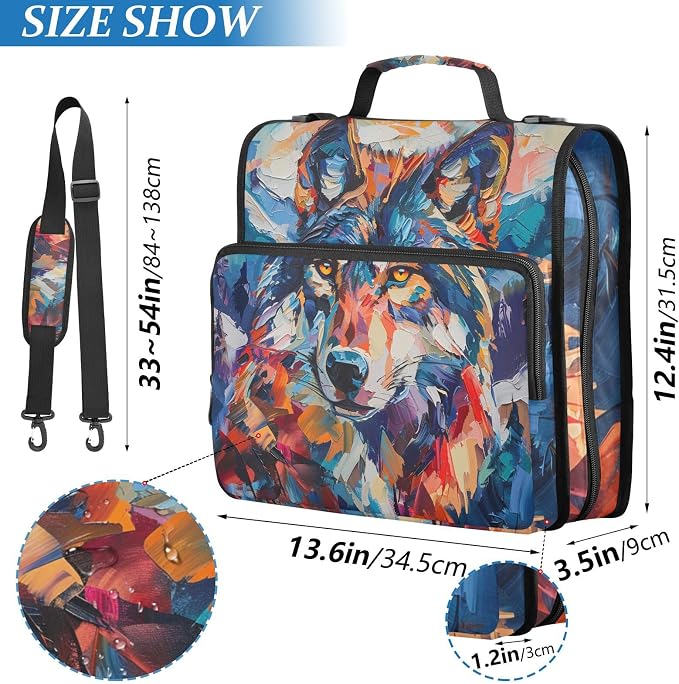 Mountain Wolf Colorful Zipper Binder with Shoulder Strap Bag 3 Ring Binder Organizer Large Capacity Multiple Compartments for School Office