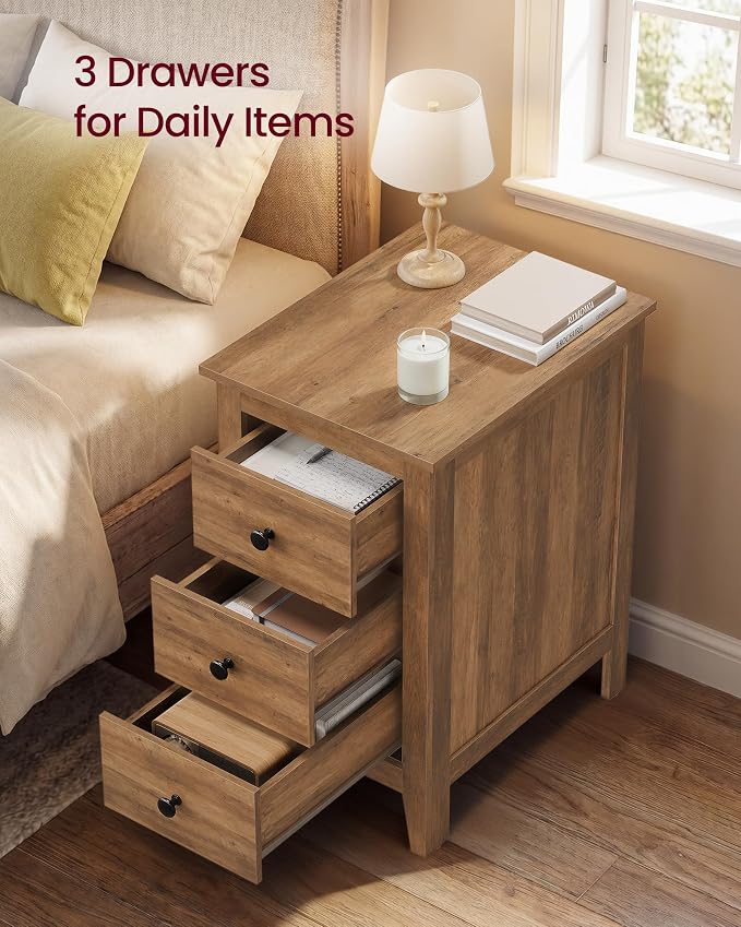 VASAGLE Side End Table with 3 Storage Drawers, Nightstand Farmhouse | Narrow Bedside Table for Living Room, Bedroom, Home Office, Honey Brown, LIRY Collection ULET132K101S