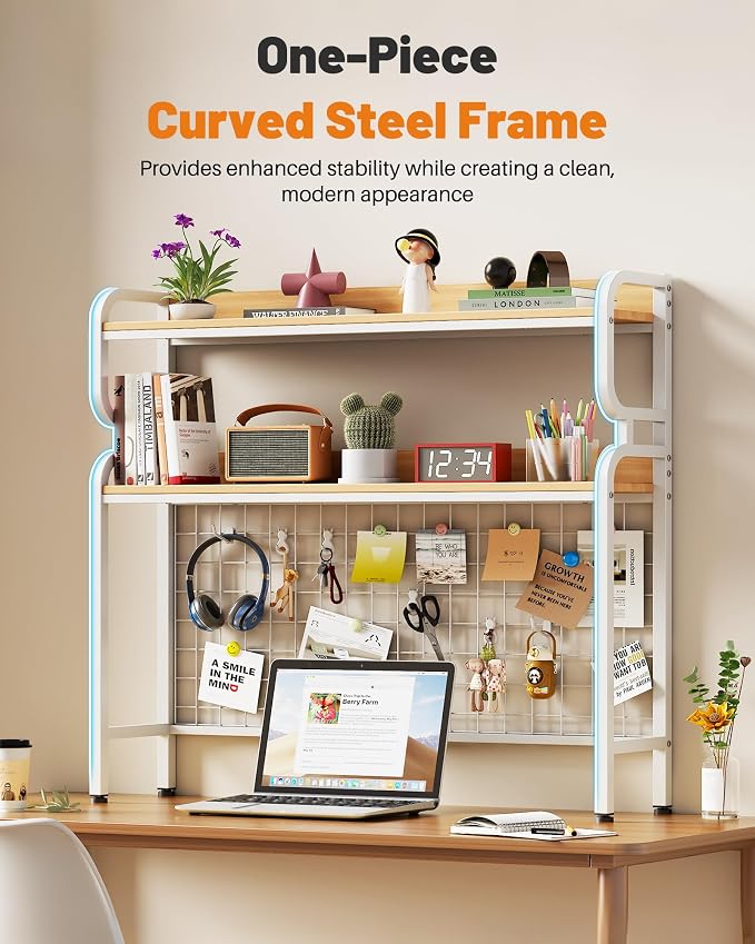 BYMECOST 38.6" Desktop Hutch Bookshelf,2-Tier Desk Shelf with Pegboard | Heavy-Duty Desktop Bookcase With Grid Panel and Hook, Desk Hutch for Computer in Offices or Dorms