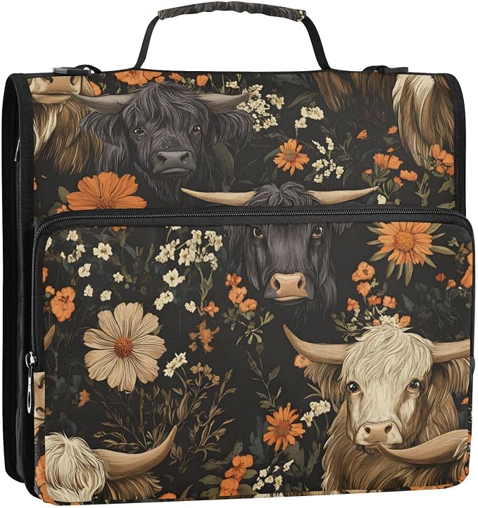 ALAZA Zipper Binder 3 Ring Dark Highland Cows Vintage Binder Organizer with Zipper and Shoulder Strap Large Capacity Multi-Pocket Trapper Keeper File Folder for Office Supplies