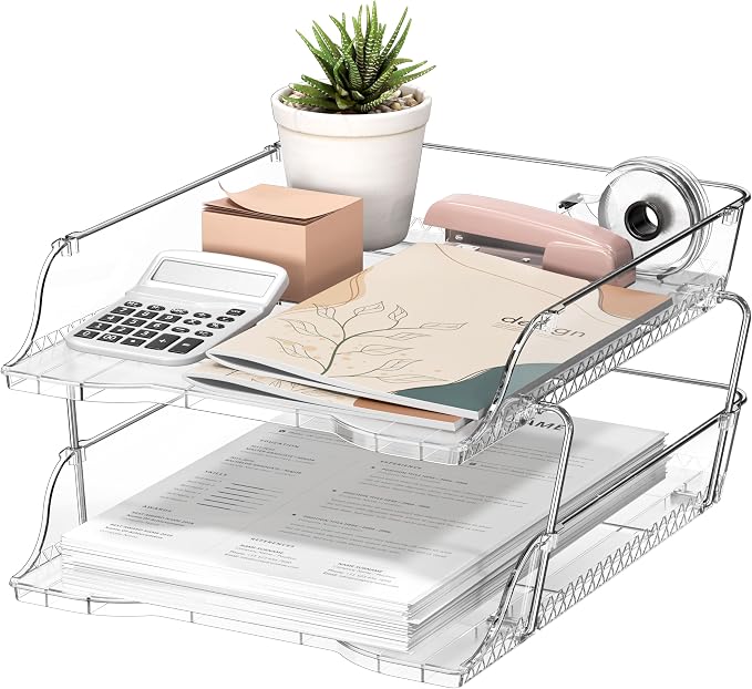 Simple Houseware 2-Tier Stackable Paper Tray for Desk Organizer, Clear | Desktop File Holder for A4/Letter Size Documents, File Sorter, Paper Holder, Office File & Accessories Storage