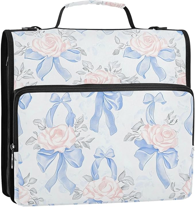 Blue Bows Pink Roses 3 Ring Binder Bag 1.5 inch Binder Organizer with Zipper Shoulder Strap 500 Sheet Documents Storage for School Office