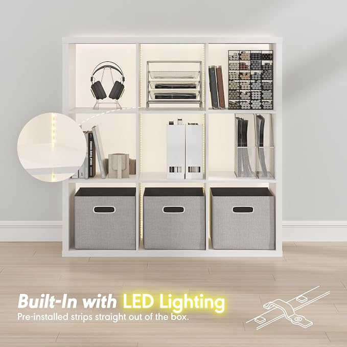 Furinno Cubicle Book Shelf with LED Lights, 9-Cube Bookshelf, Reversible Extra Thick Frame Bookcase, Display Storage Shelves, for Living Room, Bedroom, Home Office, White