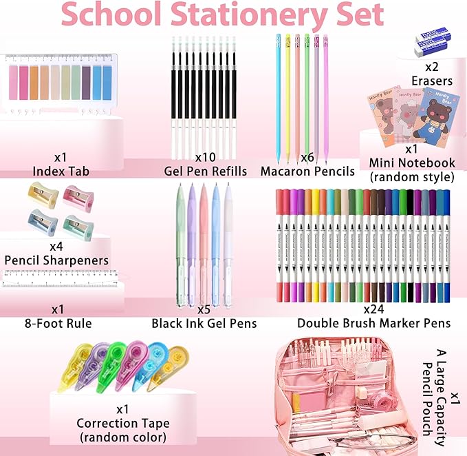 56 PCS Aesthetic School Supplies with Large Pencil Case, 24 Double Brush Marker Pens, 5 Black Ink Gel Pens, 6 Macaron Pencils, 4 Sharpeners, Sticky Notes, Ruler, Erasers, Stationery Gift