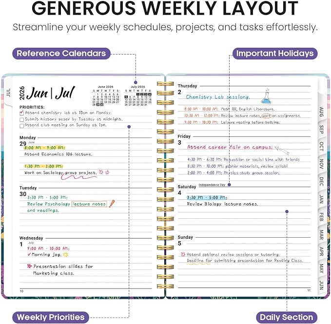 Taja Planner 2026-2027, Jul 2026-Jun 2027 Monthly & Weekly Calendar Planner | 6.3" x 8.5", Hardcover Academic Calendar, Teacher Student Agenda Book with Tabs, School Office Supplies, Lavender Whiskers