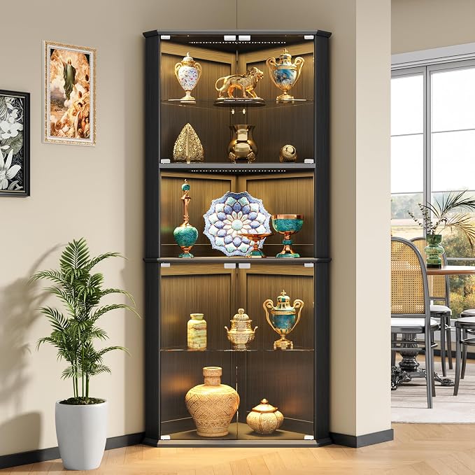 kepptory 72" Corner Curio Cabinet with RGB LED Lights, 6-Tier Glass Display Cabinet with Adjustable Shelves, Lighted Corner Showcase for Collectibles, China, Glassware, Living Room Home Bar