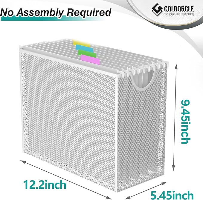Letter-Size Hanging File Organizer (White, with 5 Grey Folders) | File Holder Filing Box for Desk, Metal Mesh Desk File Folder Storage for Office(No Assembly Required)