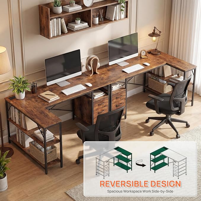 Alpen L Shaped Computer Desk, 55 Inch Corner Desk with Drawers and Power Outlets, Home Office Desk for Gaming, Study Writing PC Table with Storage and Reversible Shelf, Brown
