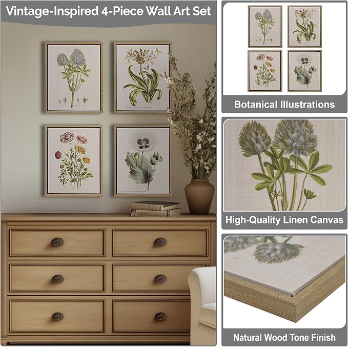 Madison Park Botanical Wall Art Living Room Decor - Vintage Floral Linen Canvas Framed Wall Art Farmhouse Lifestyle Home Office Wall Decor, Ready to Hang Painting for Bedroom, Herbal, Green 4 Piece
