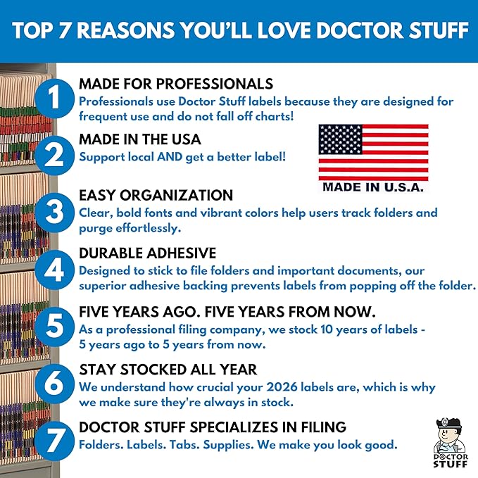 MINI 2026 Year Stickers, Doctor Stuff 2026 Chart Stickers, Light Blue Color Coded, Tab 1287 Style, USA Made Year Labels for End Tab File Folders, 500 Labels/Roll in a Dispenser Box, 1/2" x 1-1/8"