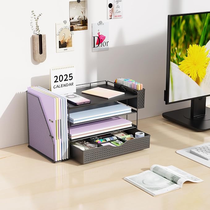gianotter Wood Desk Organizers and Accessories with File Holder, 4-Tier Desk Accessories & Workspace Organizers with Drawer and Pen Holder, Desk Reference Organizer (Black, 4T with Drawer)