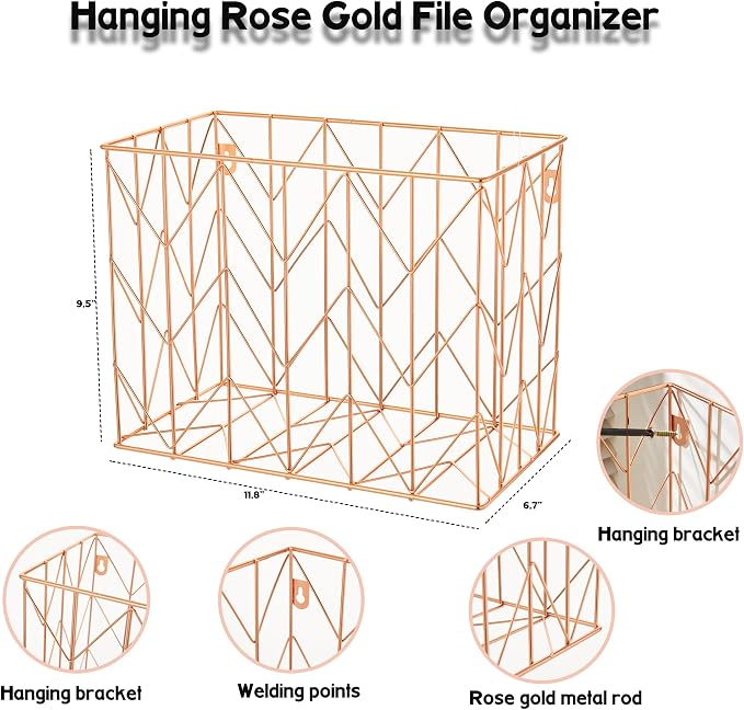 Hanging rose gold file organizer with 12 letter sized hanging folders, file basket, file box, storage box, office and school supplies