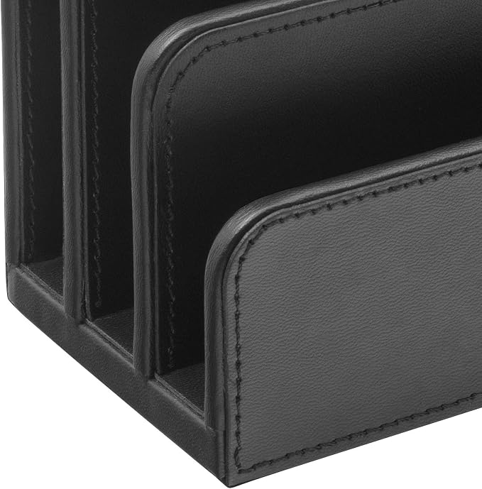 OSCO Black Faux Leather Letter Holder | Mail Sorter | Post Rack | Envelope Organiser | Document Stand | Desk File Storage | Display Slots | H14 x W17.5 D10 cm |
