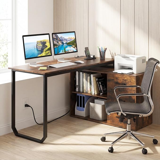 Giantex 55 Inch L-Shaped Desk with Charging Station, Reversible Computer Desk with 3 Drawers, Adjustable Shelf, Large Computer Workstation, Corner Desk for Small Spaces, Home Office (Rustic Brown)