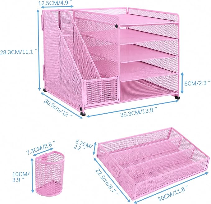 Desk Organizers and Accessories with File Holder, 5-Tier Paper Letter Tray Organiser with Drawer and 2 Pen Holder, Mesh Desktop Document Organizer for Office Supplies, Workspace - Pink