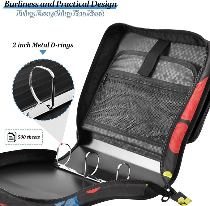 Fisyme Rainbow Dog Paw Print Zipper Binder 3 Ring with Zipper and Shoulder Strap Large Capacity Multi-Pocket Zipper Binder Organizer