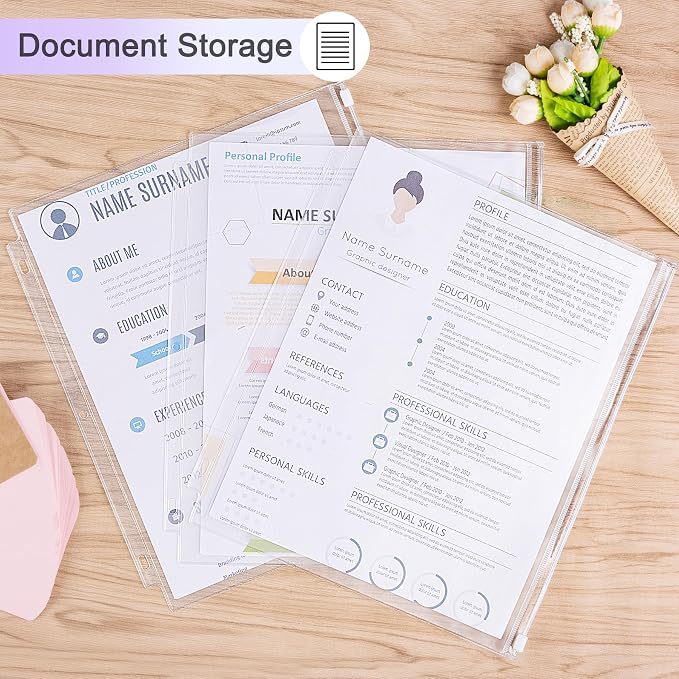 8 Pack Clear Letter Size Binder Pockets 3 Ring Binder Zipper Pouch Document Organizer, Waterproof PVC 3-Hole Loose Leaf File Bags Insert Sleeves Page Sheet Protectors Business Office Supplies