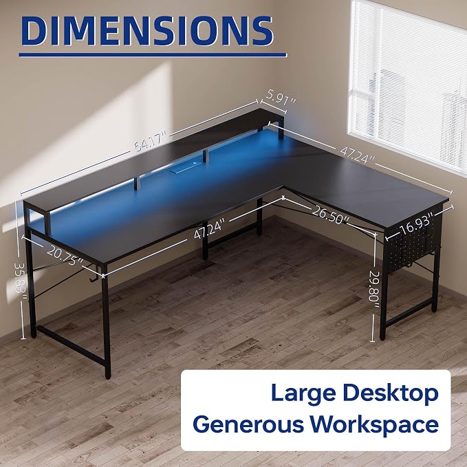 Pamray 64 Inch L Shaped Gaming Desk with Monitor Stand and Power Outlets | Large Corner Computer Desk With Pegboard & Led Lights USB Charging Ports for Home Office Study and Writing Bedroom and Dorms