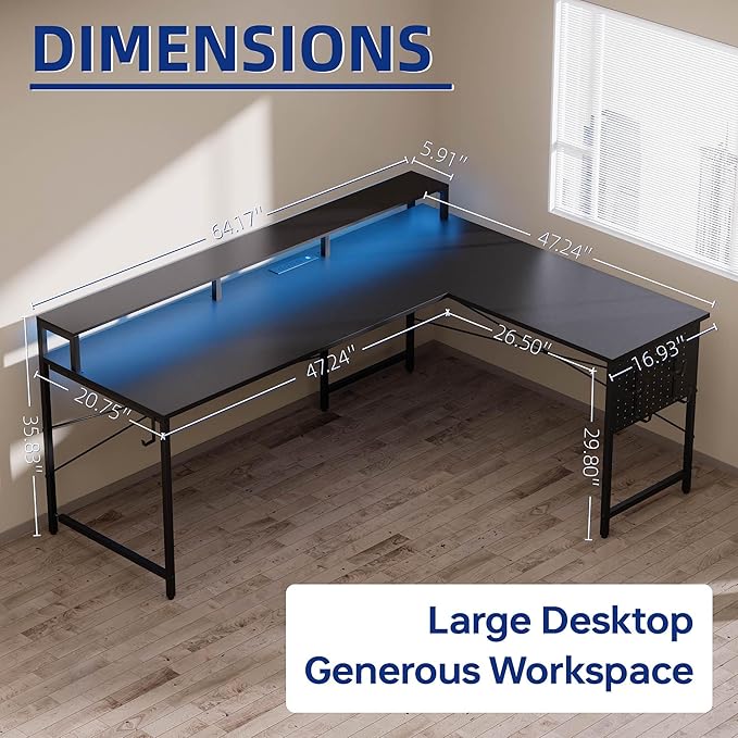 Pamray 64 Inch L Shaped Gaming Desk with Monitor Stand and Power Outlets | Large Corner Computer Desk With Pegboard & Led Lights USB Charging Ports for Home Office Study and Writing Bedroom and Dorms