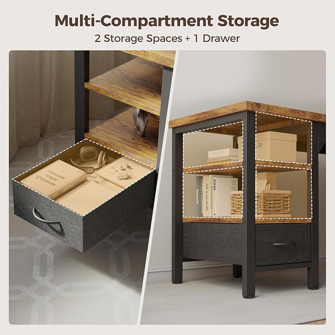 48" Computer Desk with Drawer, 1.2" Thick Reversible Office Desk | Modern Writing Table with Power Outlets & Storage Shelves, Heavy Duty Industrial Study Desk for Home Bedroom Work