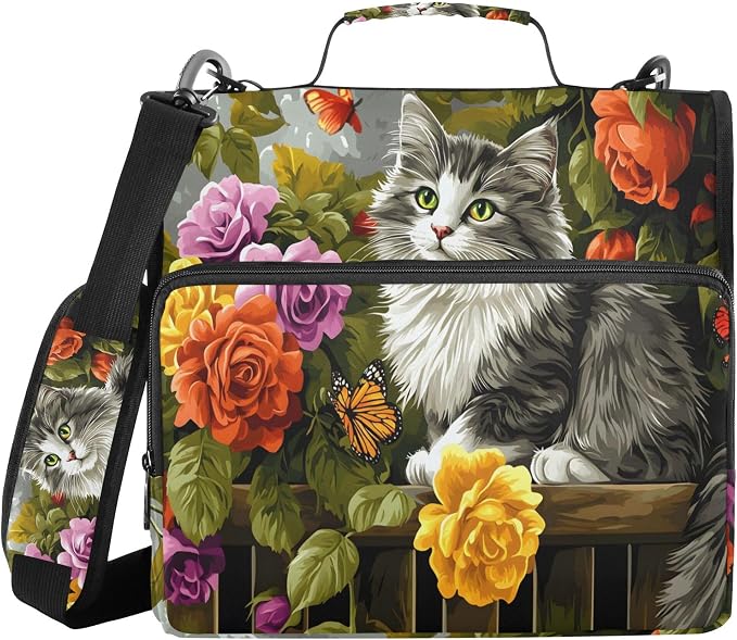 MNSRUU 3 Ring Binder Bag, 2 Inch D-Rings Easily Organizes 1 Inch Fits Letter Sized Paper, Gray Cat on The Garden Fence Large 3 Hole Zipper Binder Organizer for School Office Supplies