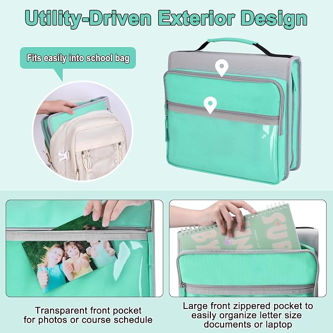 Ndsox Zipper Binder 3 Ring with Handle, 2 Inch O-Ring Document Organizer Middle School Binder with Zipper for Students, 5-Tab Expanding File Folder & 2 Mesh Pouches, DIY Clear Front Pocket, Mint Green