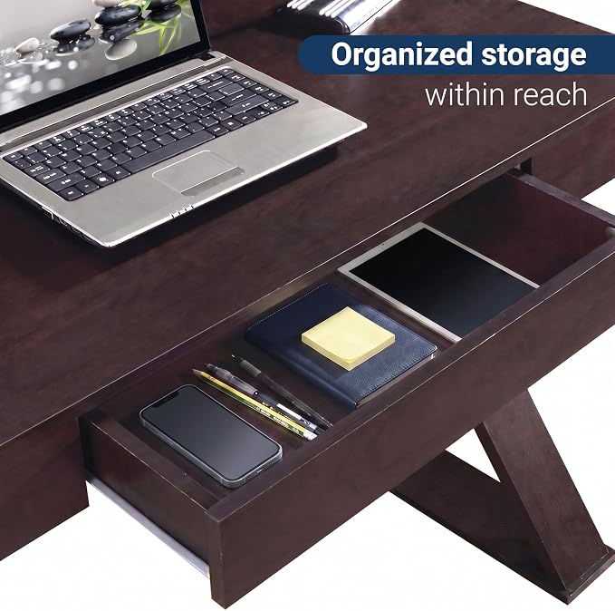Techni Mobili 47" Trendy Writing Desk w/Drawer,Modern Home Office,Espresso | 47" modern writing desk with storage drawer, sturdy frame, sleek espresso finish, and compact workspace ideal for home office