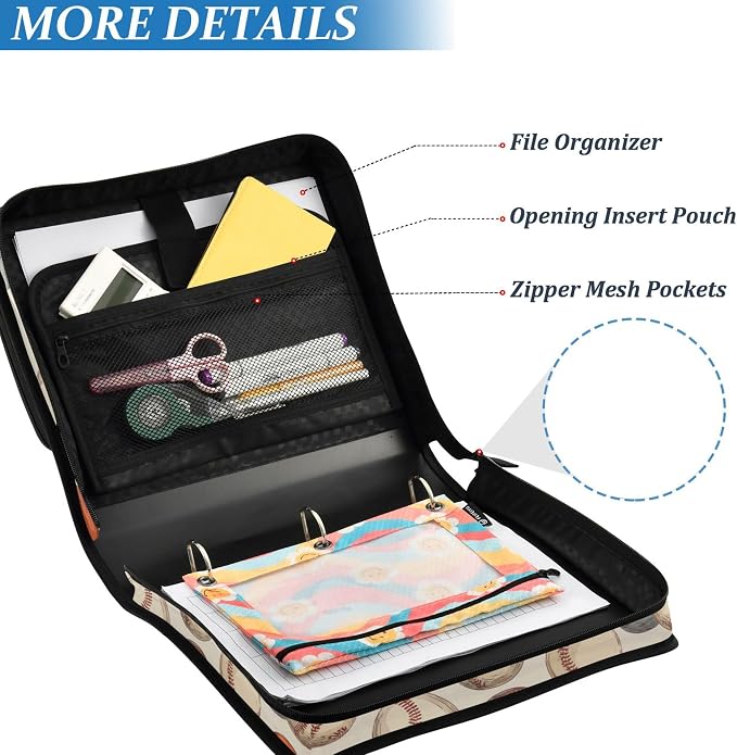 Fisyme Vintage Baseball Sport Zipper Binder 3 Ring with Zipper and Shoulder Strap Large Capacity Multi-Pocket Binder Organizer