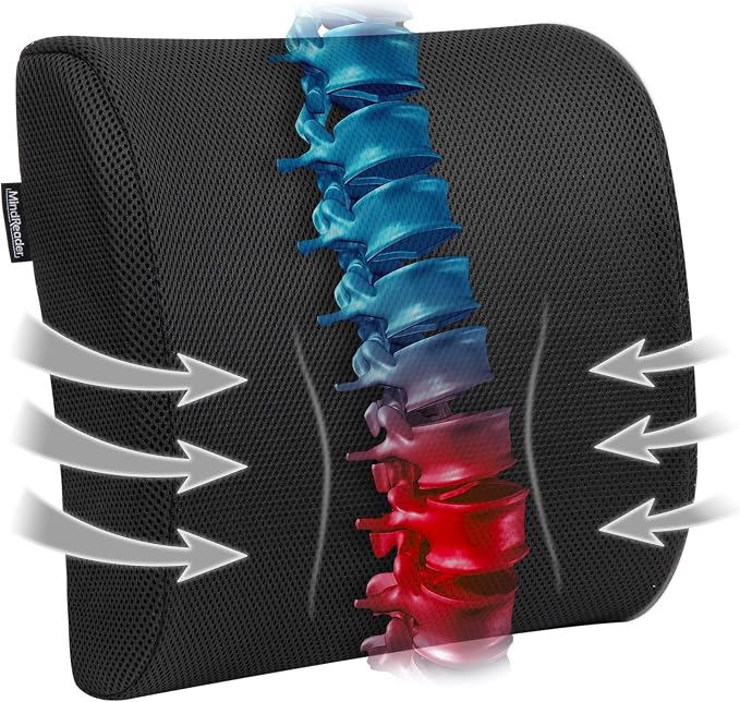 Mind Reader Lumbar Support Cushion with Air-Cloud Memory Foam, Ergonomic Lower Back Pillow for Office Chair and Car Seat, Black