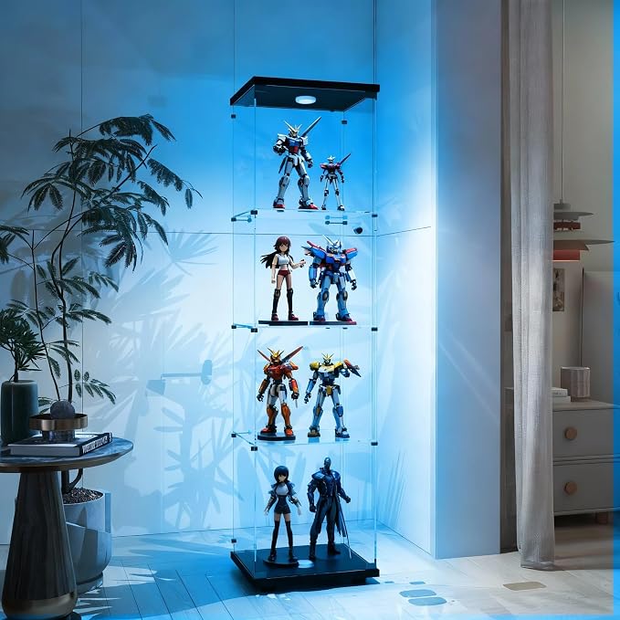Frameless Glass Display Cabinet, Curio Cabinet Display Case with LED Lights and Lock, Quick-Install Floor Standing Showcase Display Shelf for Collectibles, Legos, Figures, Plants