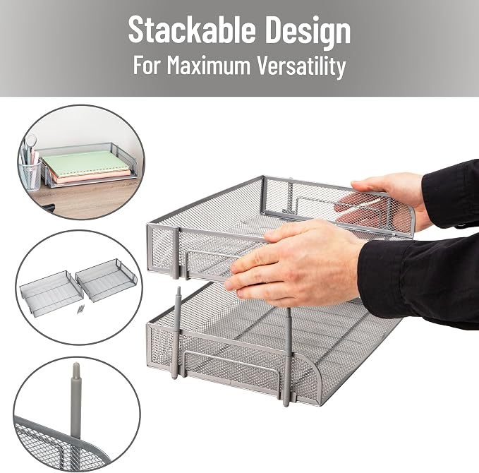 Mind Reader 2-Tier Stackable Paper Tray, Desktop Organizer for Letter-Size Documents, Office File Storage, Metal Mesh, Set of 2, Silver