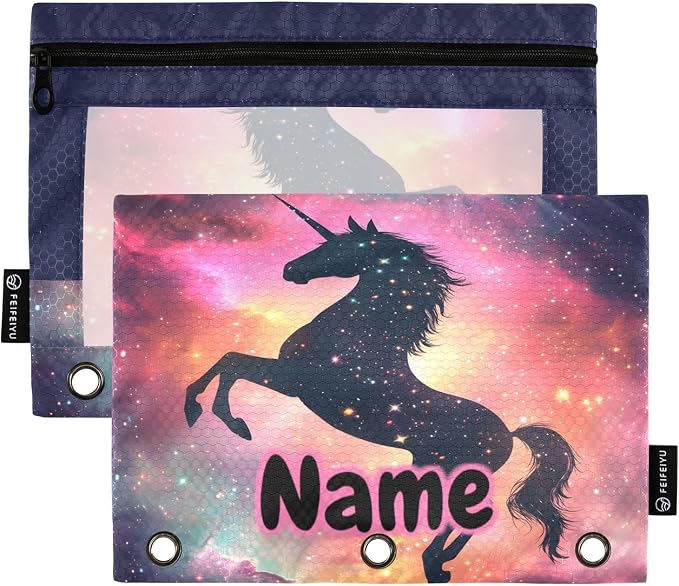 Custom Unicorn Galaxy Sky Pencil Pouch for 3 Ring Binder, 2 Pack Personalized Name Waterproof Pencil Bags Clear Window Pencil Case School Office Supplies