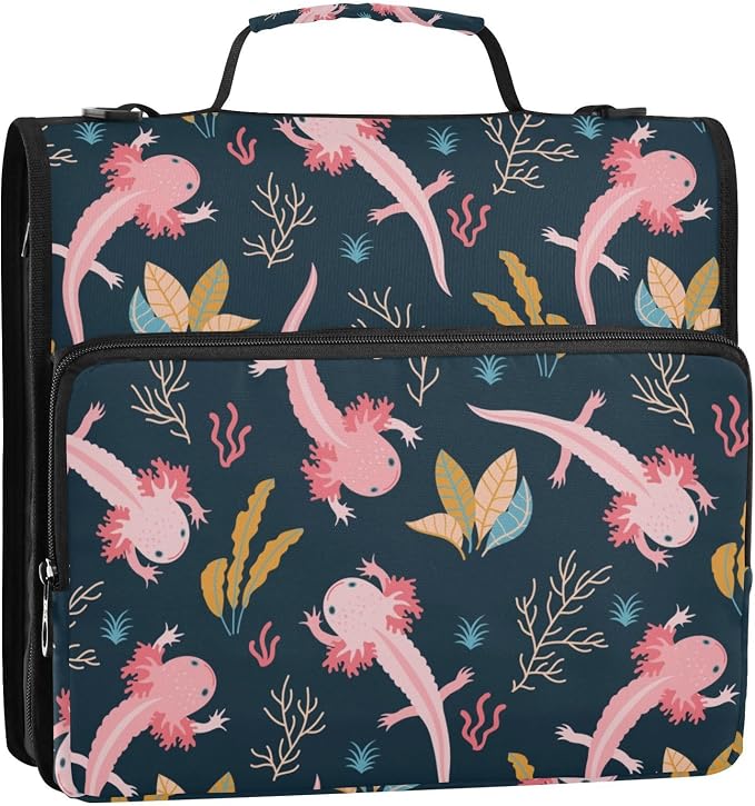 Cute Axolotl Binder Bag 3 Ring Zipper with Handle Shoulder Strap | for School Work Office Organizer Storage Case