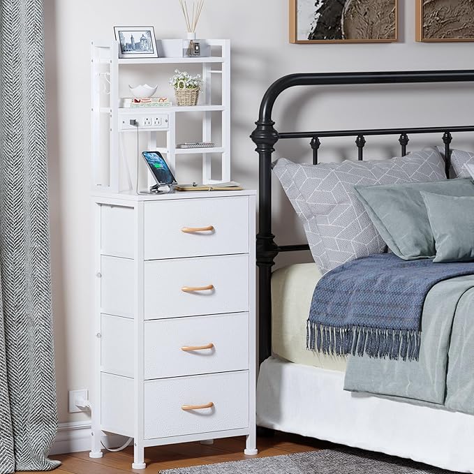 Tall Night Stand, 52.1" LED White Nightstand with Charging Station | LED Lights & USB Ports & type-C, 4 PVC Fabric Drawers and 4-Tier Storage Shelf, Bedside Table for Bedroom, Dorm