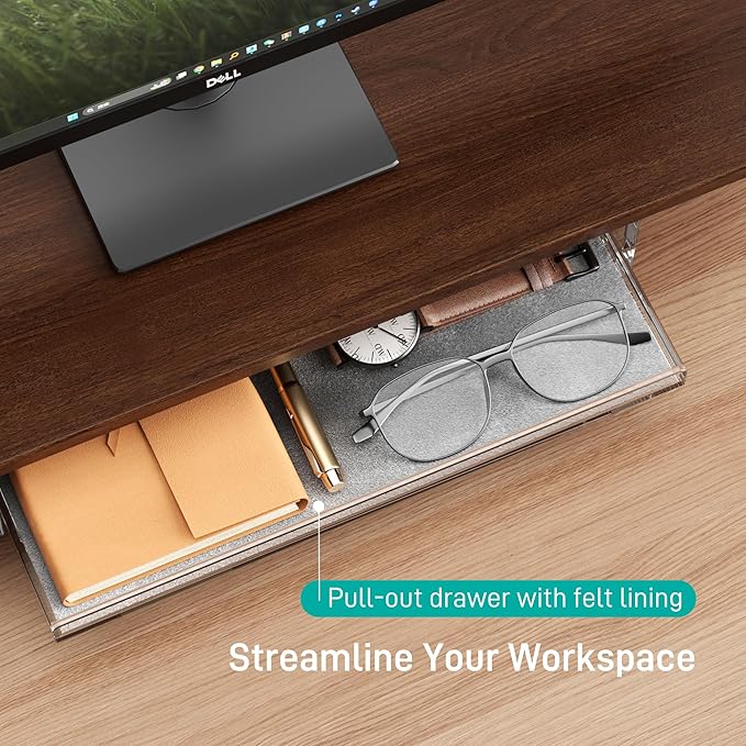 Dual Monitor Stand 43 Inch Extra Large Monitor Riser for Desk, Acrylic Clear Legs Desk Organizer Shelf with Felt Lining Storage Drawer, Compatible with Computer Laptop PC Printer Flat Screen TV