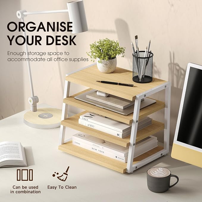 Fenge Desk Shelf Organizer, 4-Tier Tower Desktop Office Shelves, Oak | Wood and Metal Open Shelf, Corner File Organizer for Office Supplies, Top of Desk Organizers and Accessories
