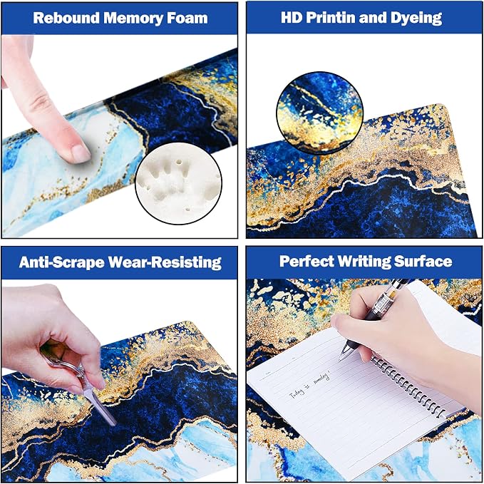 Large Gaming Mouse Pad, Keyboard Wrist Rest Pad & Wrist Support Mousepad Set, Stitched Edge, Extended, Non-Slip Base, Memory Foam,Multifunctional Desk Mat 4pcs for Office & Home, Blue Marble