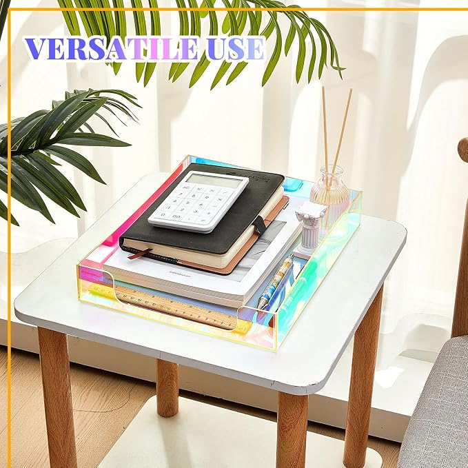 Iridescent Acrylic Letter Tray 2 Pcs 12.6 x 10.2 x 2.1'' Paper Tray Organizer Stackable Desk Supplies with Non Slip Rubber for Office Accessories Desk File Document Folder