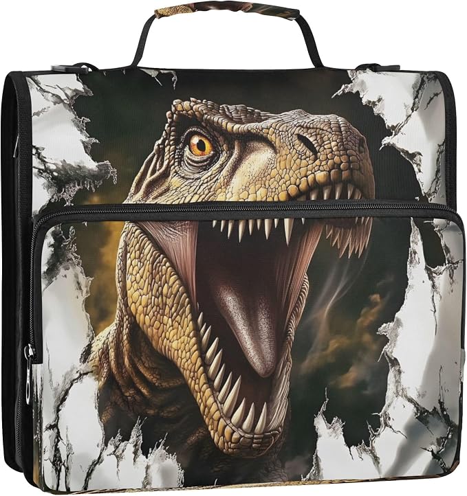 3 Ring Zipper Binder Dinosaur Binder Organizer Portfolio with File and Shoulder Strap & Handle Large Capacity File Folder